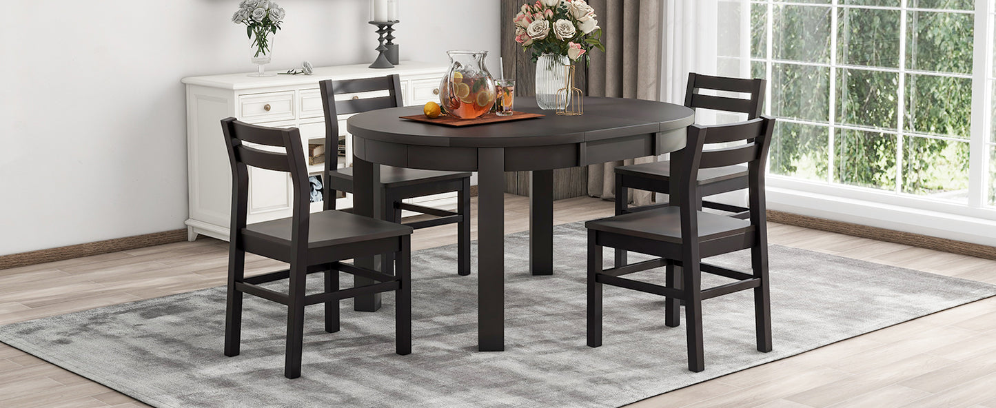 Farmhouse 5-Piece Extendable Round Dining Table Set with Storage Drawers and 4 Dining Chairs,16" Removable Leaf, Espresso