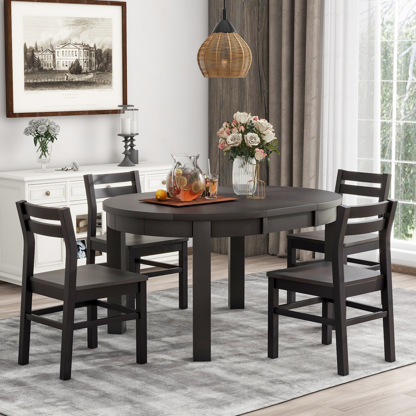 Farmhouse 5-Piece Extendable Round Dining Table Set with Storage Drawers and 4 Dining Chairs,16" Removable Leaf, Espresso