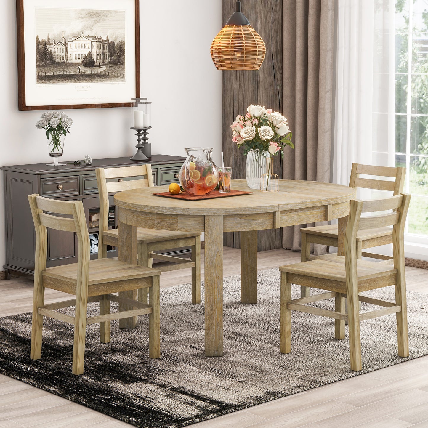 Farmhouse 5-Piece Extendable Round Dining Table Set with Storage Drawers and 4 Dining Chairs,16" Removable Leaf, Natural