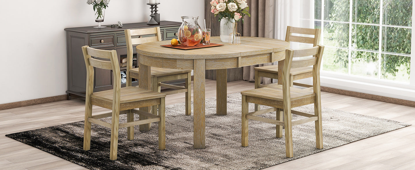 Farmhouse 5-Piece Extendable Round Dining Table Set with Storage Drawers and 4 Dining Chairs,16" Removable Leaf, Natural