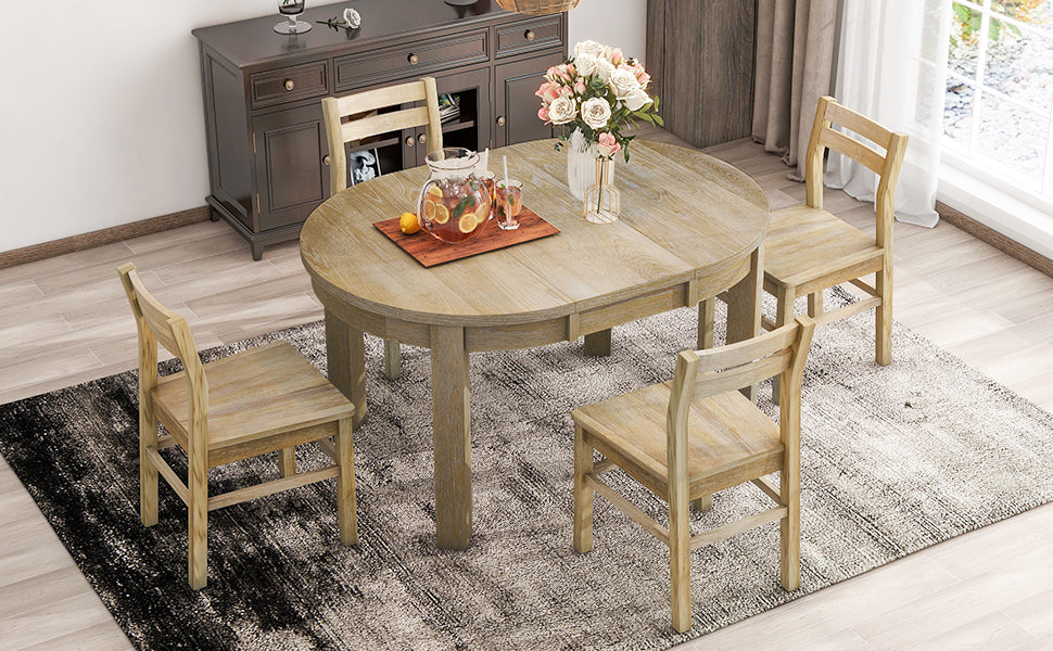 Farmhouse 5-Piece Extendable Round Dining Table Set with Storage Drawers and 4 Dining Chairs,16" Removable Leaf, Natural