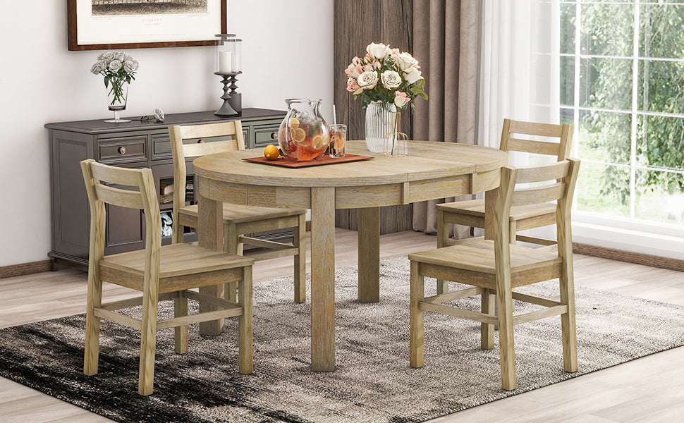 Farmhouse 5-Piece Extendable Round Dining Table Set with Storage Drawers and 4 Dining Chairs,16" Removable Leaf, Natural