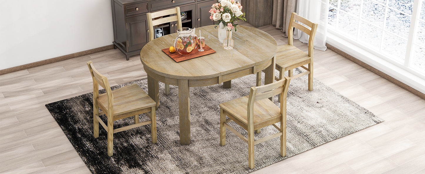 Farmhouse 5-Piece Extendable Round Dining Table Set with Storage Drawers and 4 Dining Chairs,16" Removable Leaf, Natural