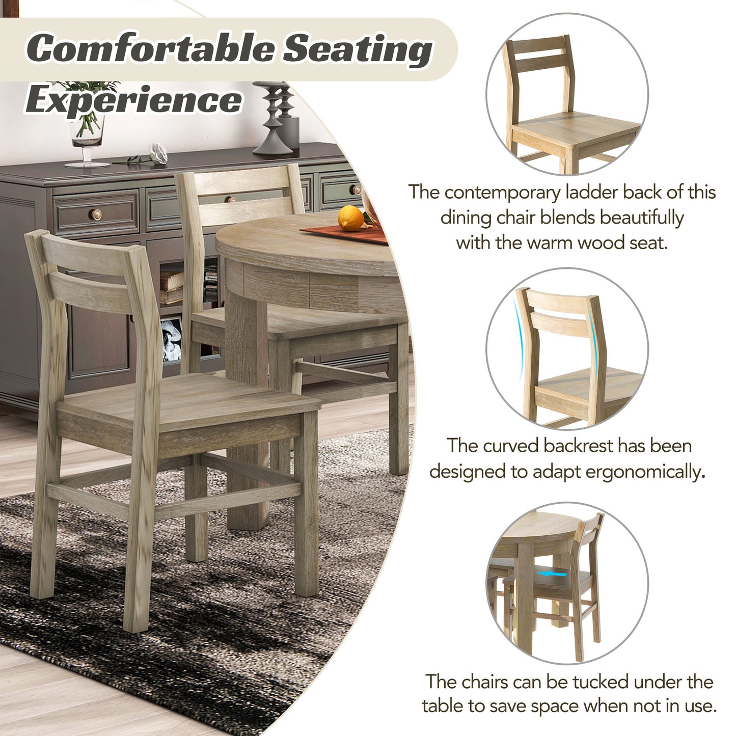 Farmhouse 5-Piece Extendable Round Dining Table Set with Storage Drawers and 4 Dining Chairs,16" Removable Leaf, Natural