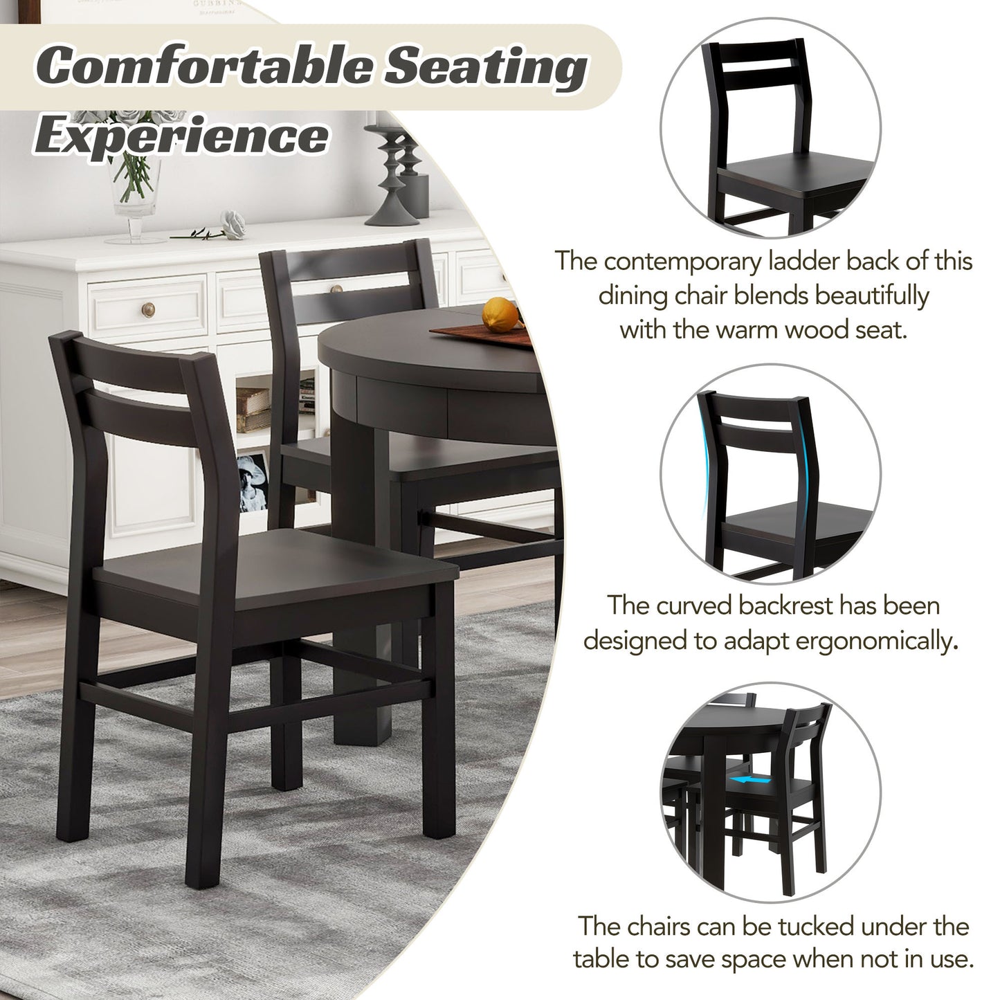 Farmhouse 5-Piece Extendable Round Dining Table Set with Storage Drawers and 4 Dining Chairs,16" Removable Leaf, Espresso