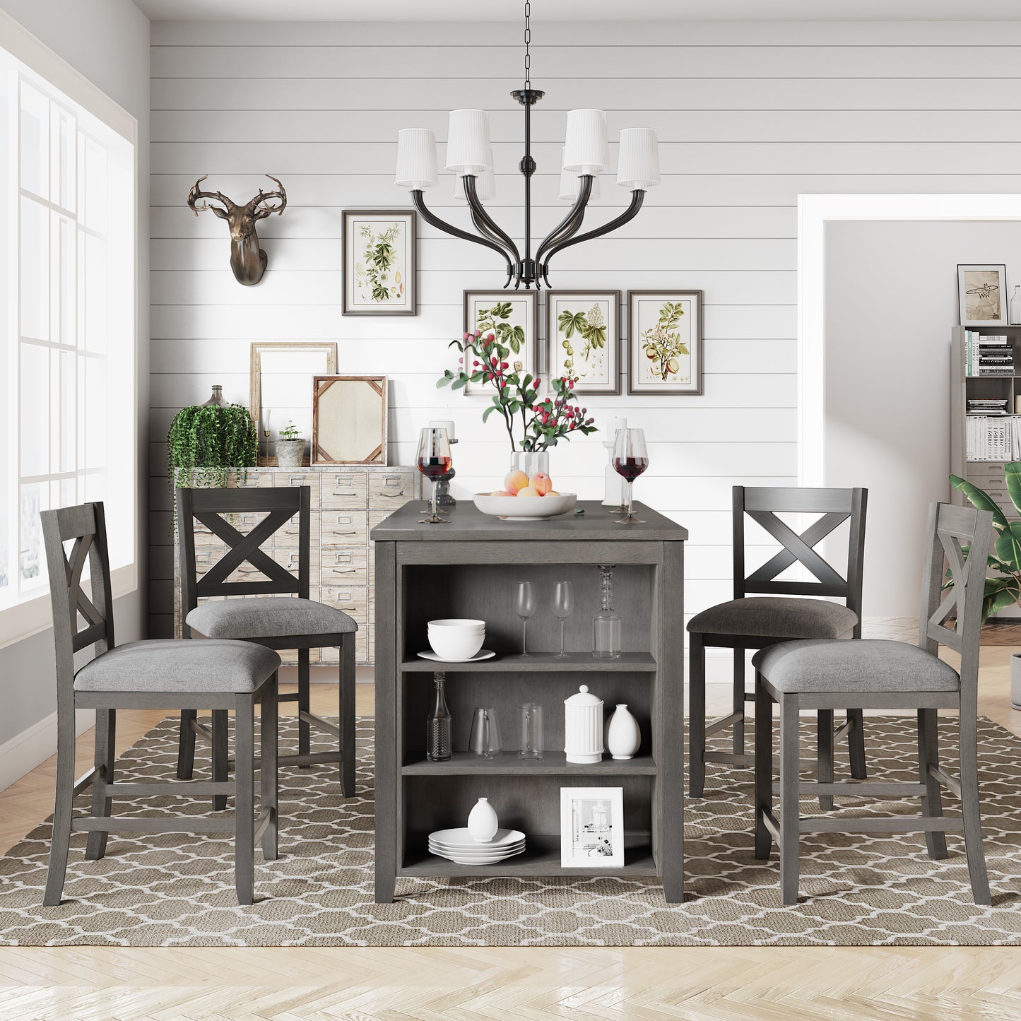 5 Pieces Counter Height Rustic Farmhouse Dining Room Wooden Bar Table Set with 4 Chairs, Gray