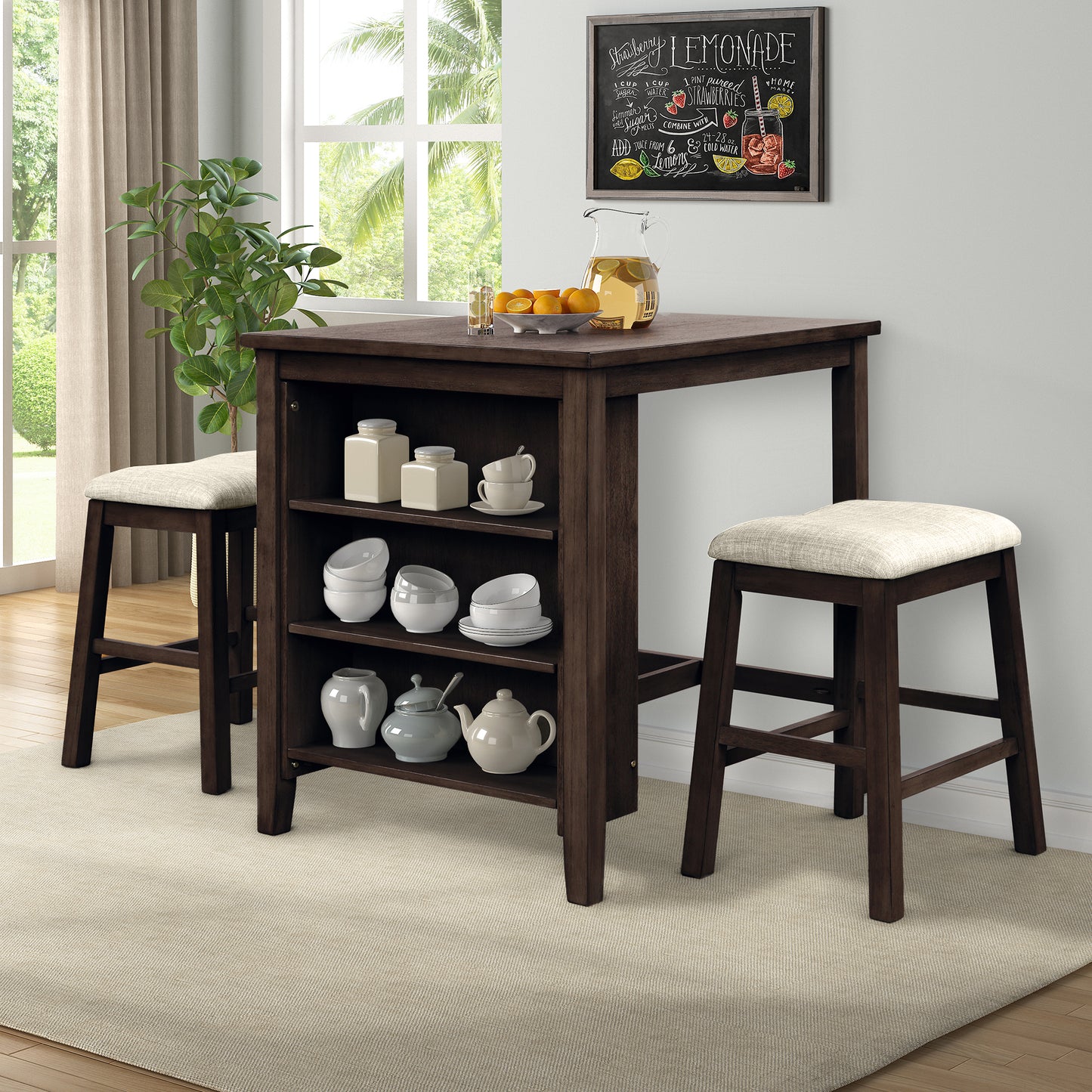 3 Piece Dining Table with Padded Stools, Table Set with Storage Shelf,Brown