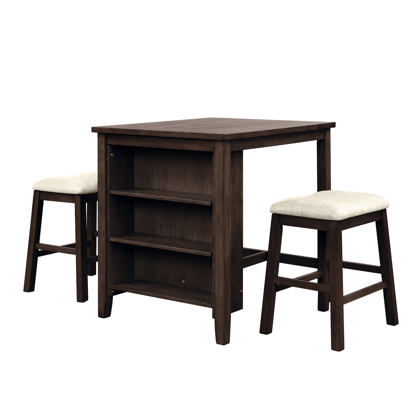 3 Piece Dining Table with Padded Stools, Table Set with Storage Shelf,Brown