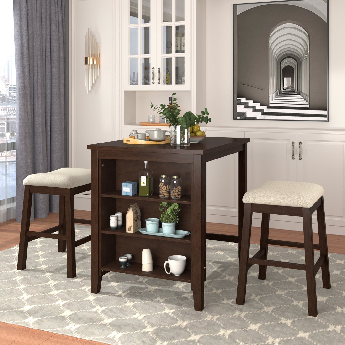 3 Piece Dining Table with Padded Stools, Table Set with Storage Shelf,Brown