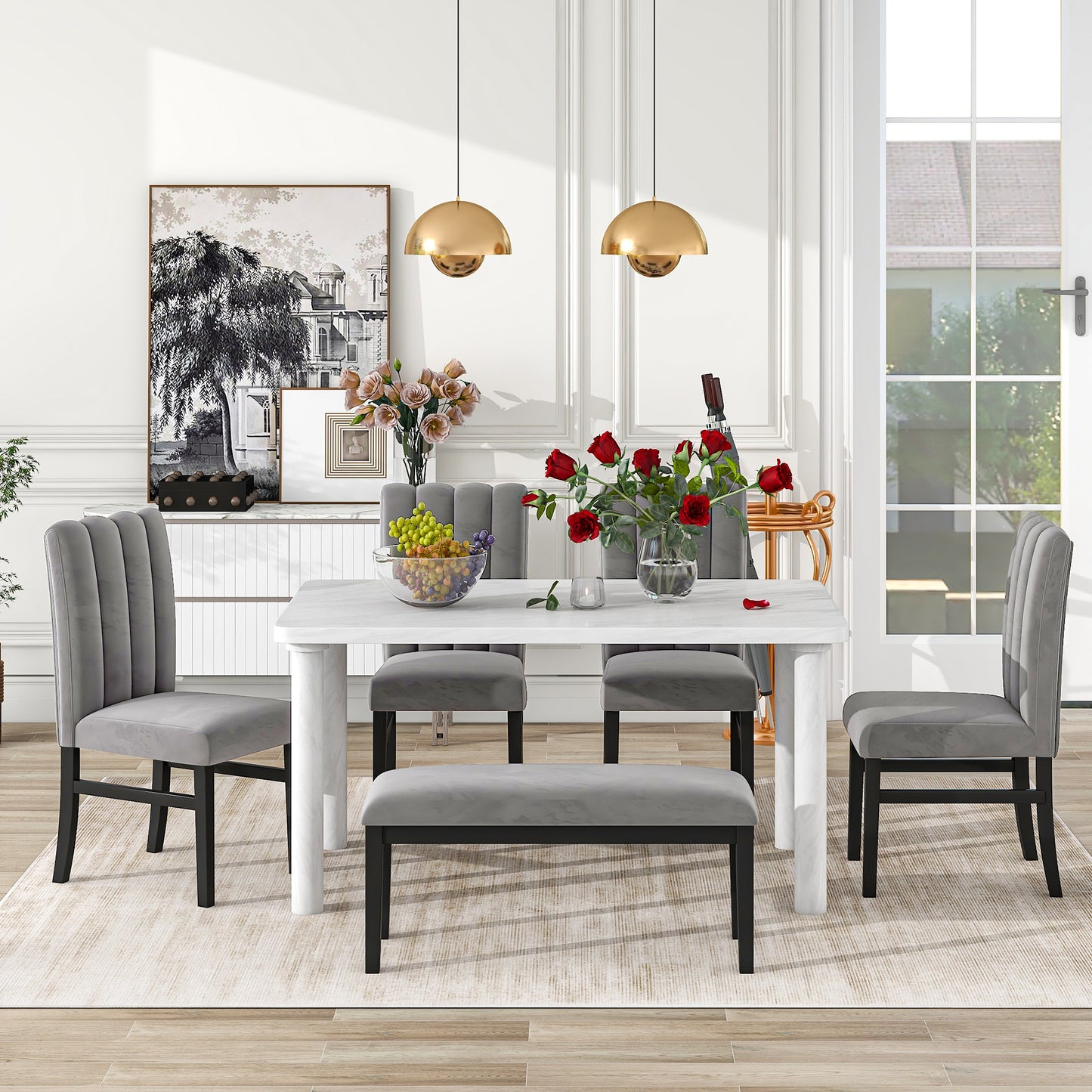 TREXM 6-Piece Dining Table Set with Marble Veneer Table and 4 Flannelette Upholstered Dining Chairs & Bench (White+Gray)