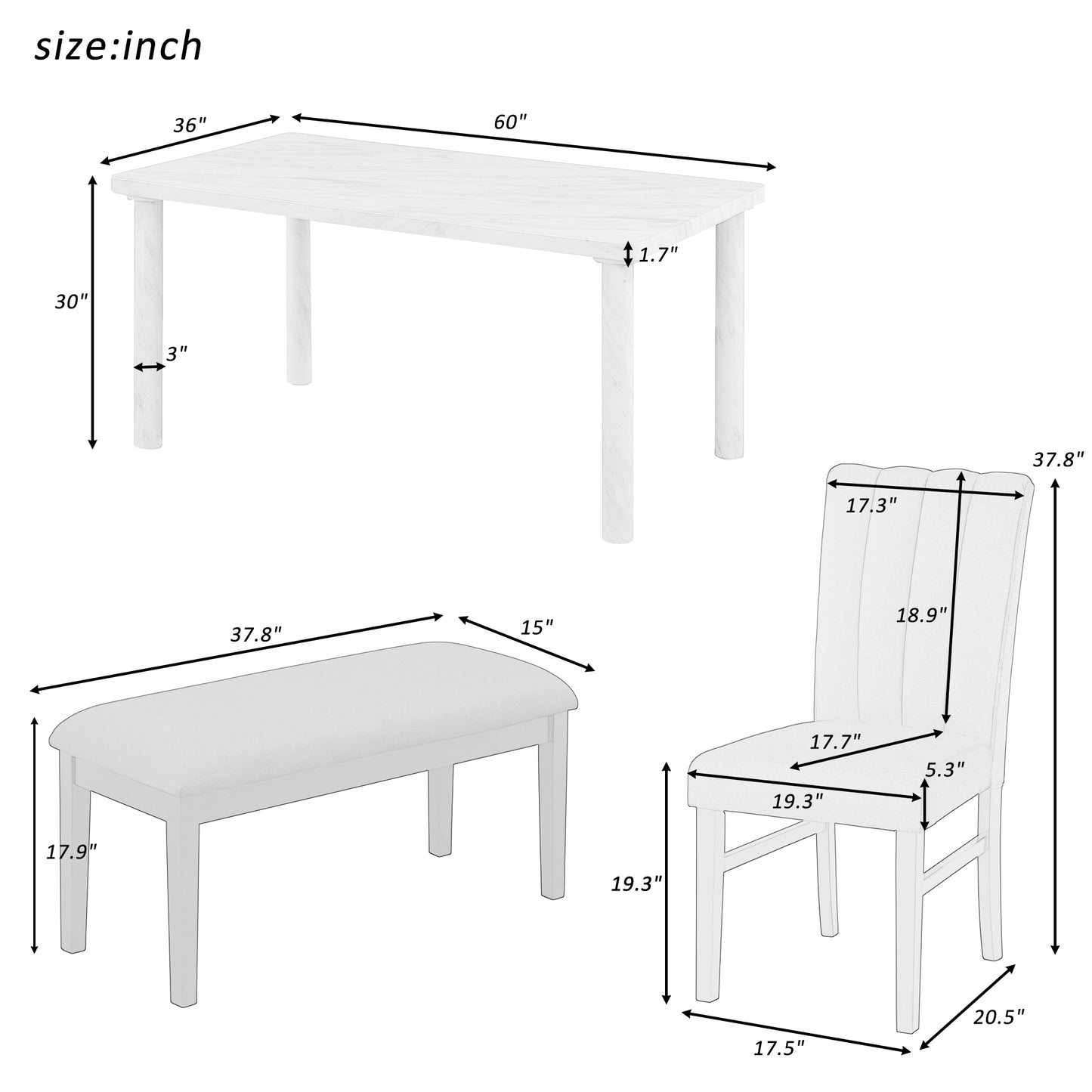 TREXM 6-Piece Dining Table Set with Marble Veneer Table and 4 Flannelette Upholstered Dining Chairs & Bench (White+Gray)