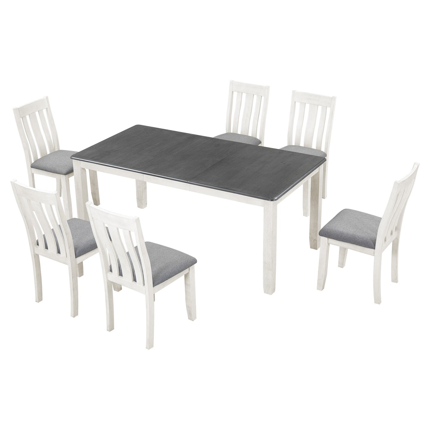 TREXM Retro Style 7-Piece Dining Table Set with Extendable Table and 6 Upholstered Chairs (Gray+White)