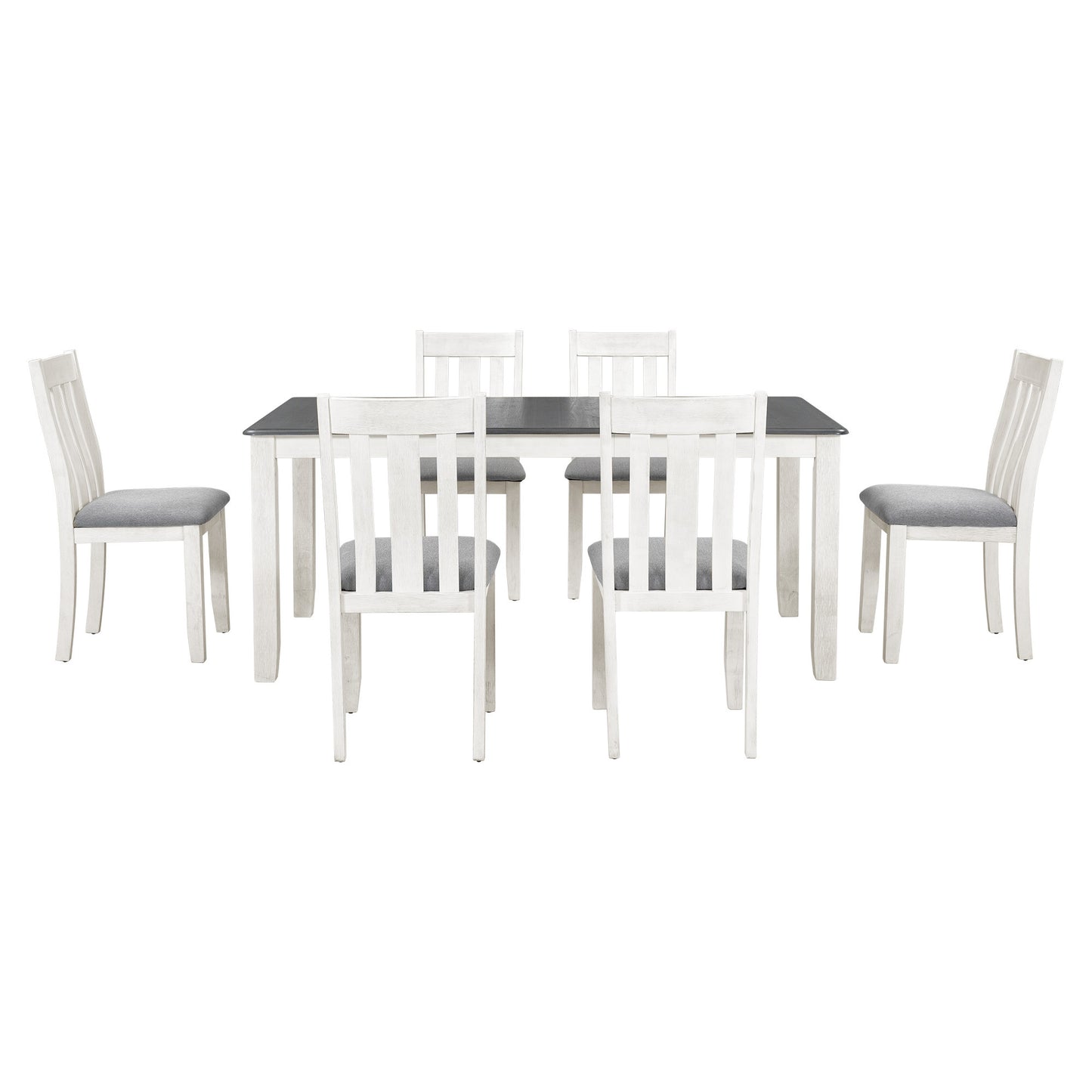 TREXM Retro Style 7-Piece Dining Table Set with Extendable Table and 6 Upholstered Chairs (Gray+White)