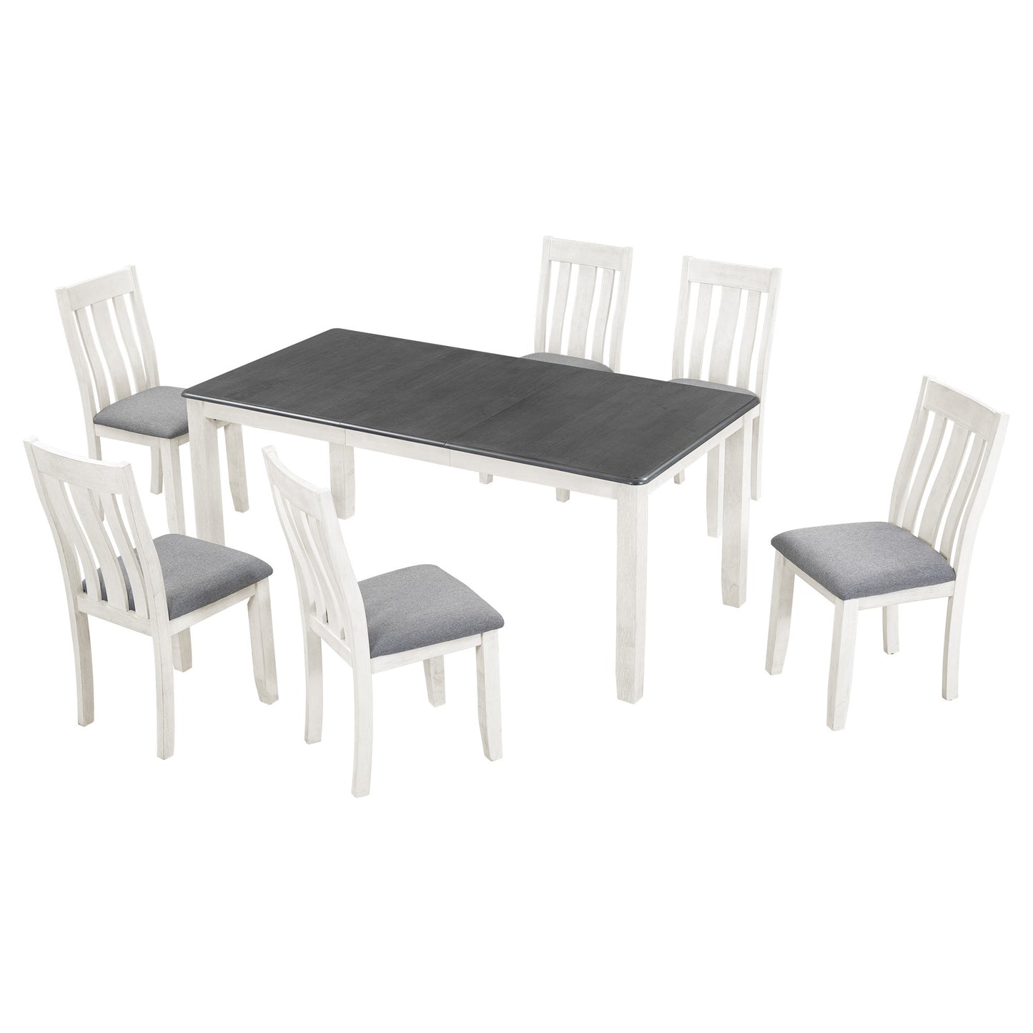 TREXM Retro Style 7-Piece Dining Table Set with Extendable Table and 6 Upholstered Chairs (Gray+White)