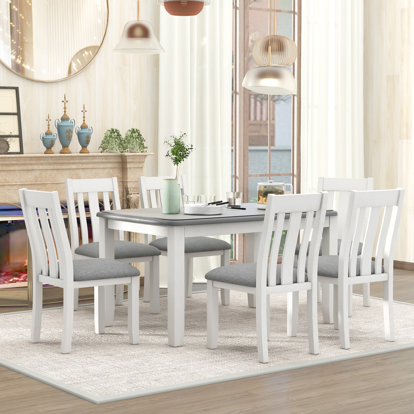 TREXM Retro Style 7-Piece Dining Table Set with Extendable Table and 6 Upholstered Chairs (Gray+White)