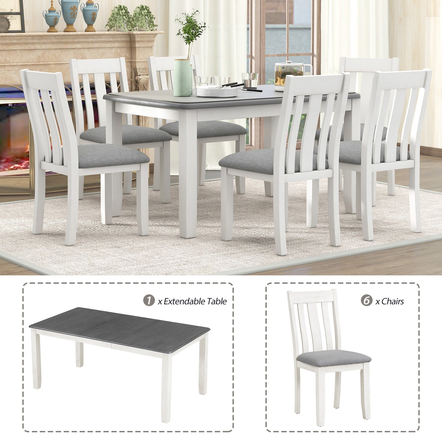 TREXM Retro Style 7-Piece Dining Table Set with Extendable Table and 6 Upholstered Chairs (Gray+White)