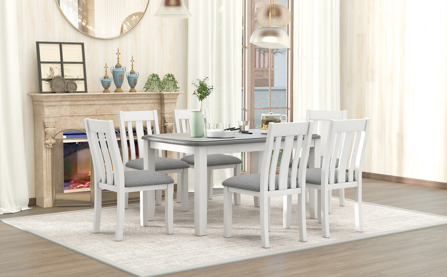 TREXM Retro Style 7-Piece Dining Table Set with Extendable Table and 6 Upholstered Chairs (Gray+White)