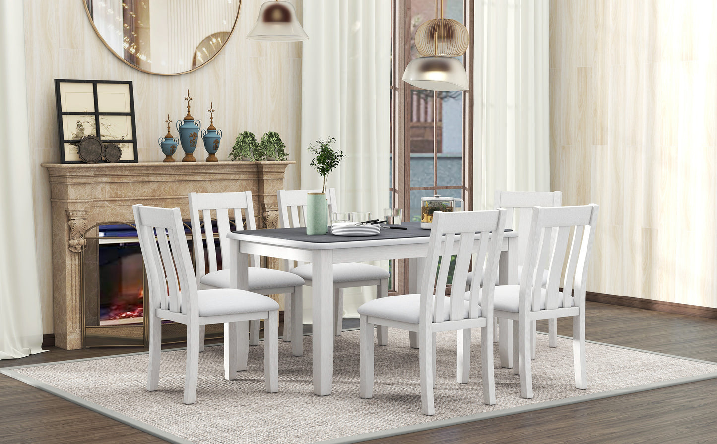 TREXM Retro Style 7-Piece Dining Table Set with Extendable Table and 6 Upholstered Chairs (Gray+White)