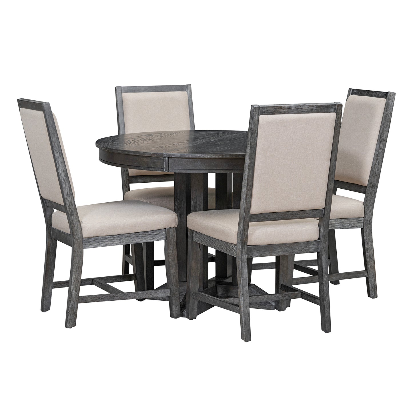 TREXM 5-Piece Dining Set Extendable Round Table and 4 Upholstered Chairs Farmhouse Dining Set for Kitchen, Dining Room(Black)