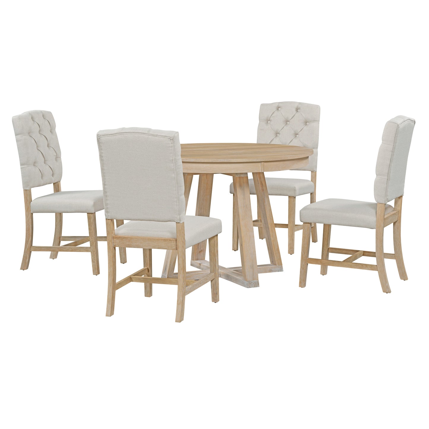 TREXM 5-Piece Retro Functional Dining Set, Round Table with a 16"W Leaf and 4 Upholstered Chairs for Dining Room and Living Room (Natural)