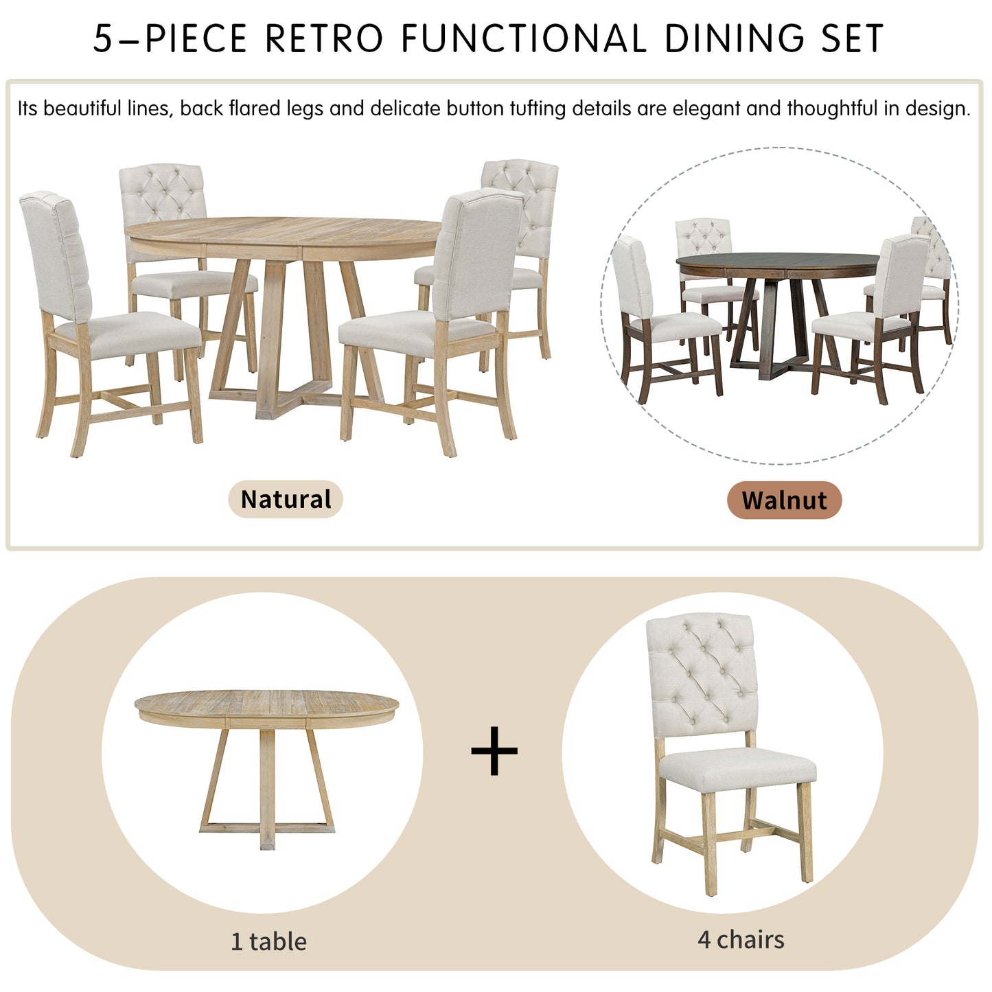 TREXM 5-Piece Retro Functional Dining Set, Round Table with a 16"W Leaf and 4 Upholstered Chairs for Dining Room and Living Room (Natural)