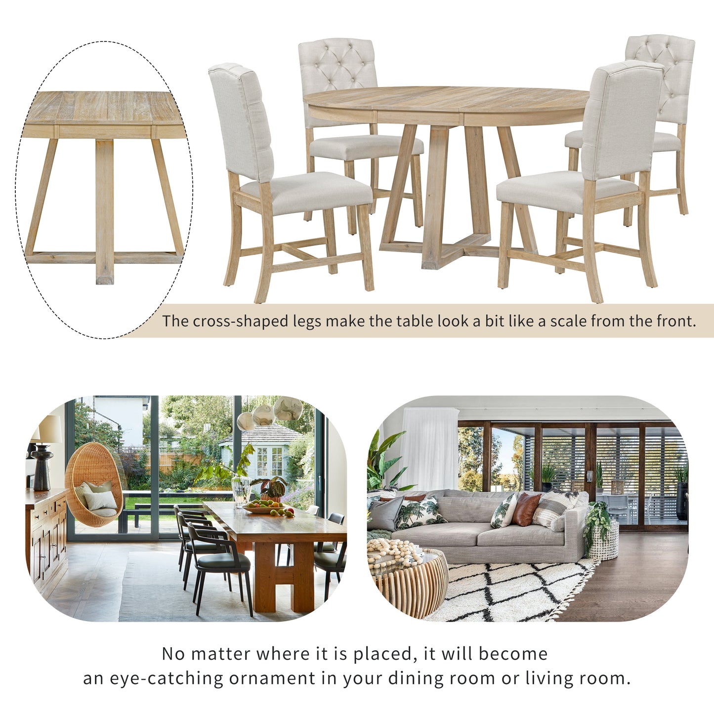 TREXM 5-Piece Retro Functional Dining Set, Round Table with a 16"W Leaf and 4 Upholstered Chairs for Dining Room and Living Room (Natural)