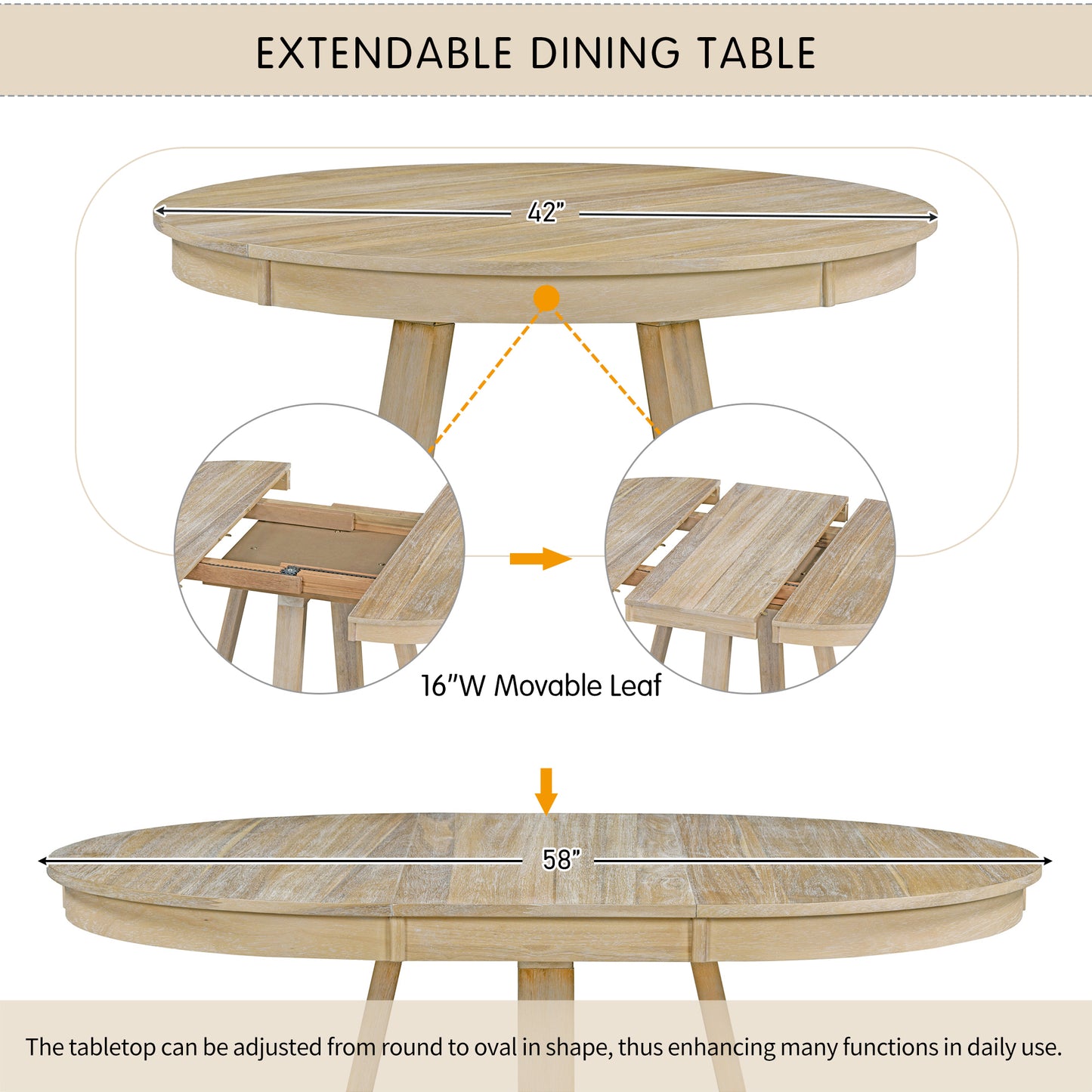 TREXM 5-Piece Retro Functional Dining Set, Round Table with a 16"W Leaf and 4 Upholstered Chairs for Dining Room and Living Room (Natural)