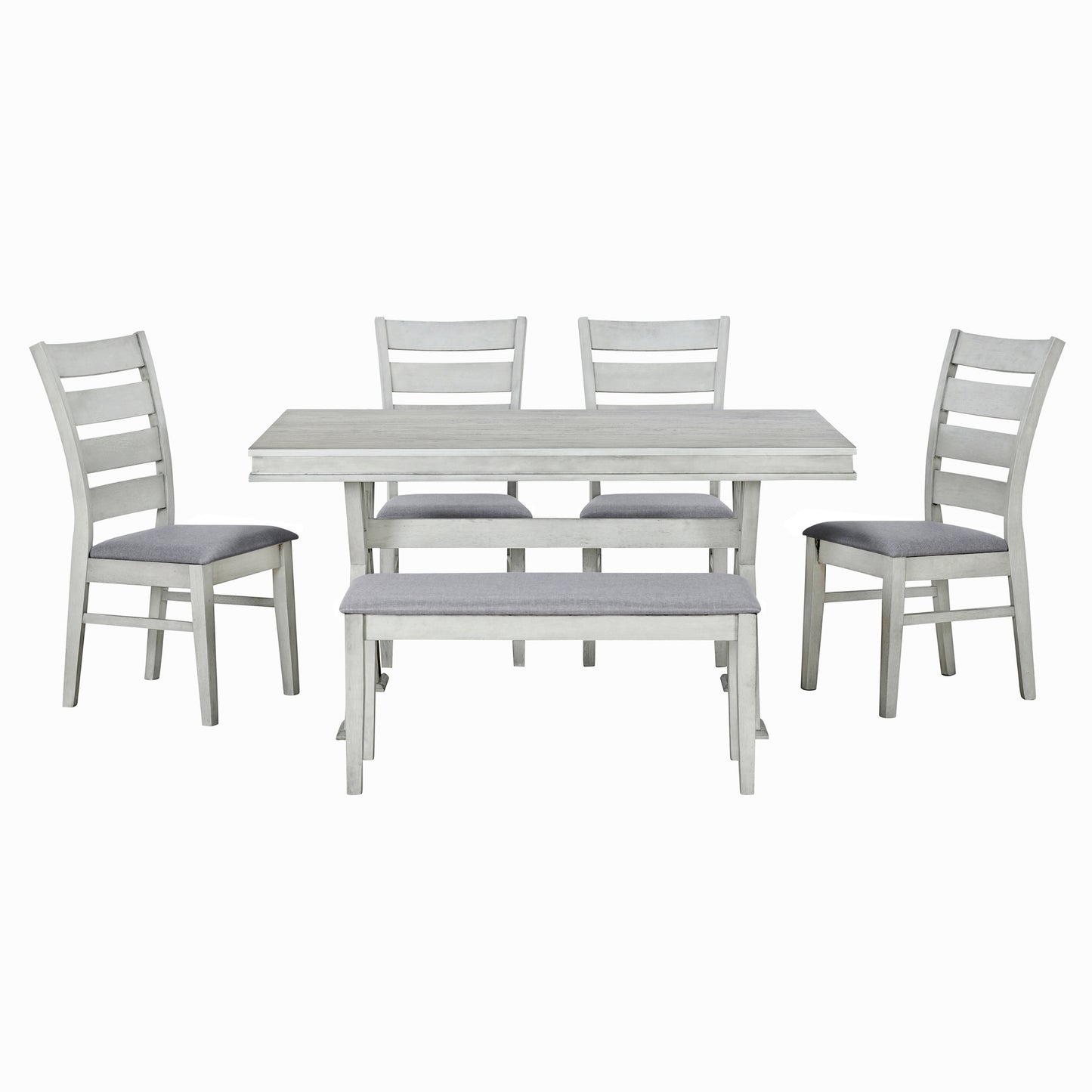 TREXM 6-Piece Retro 59"L Rectangular Dining Table Set, Table with Unique Legs and 4 Upholstered Chairs & 1 Bench for Dining Room and Kitchen (White)