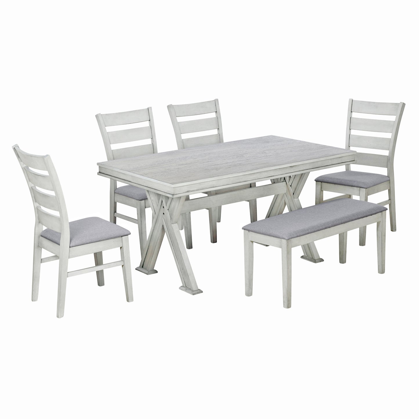 TREXM 6-Piece Retro 59"L Rectangular Dining Table Set, Table with Unique Legs and 4 Upholstered Chairs & 1 Bench for Dining Room and Kitchen (White)