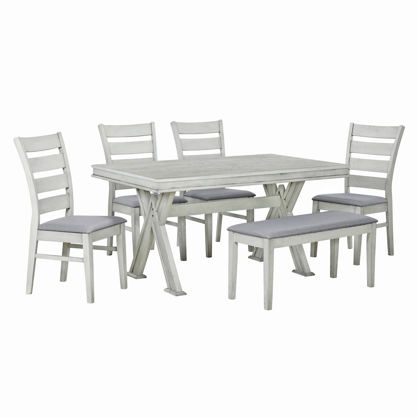 TREXM 6-Piece Retro 59"L Rectangular Dining Table Set, Table with Unique Legs and 4 Upholstered Chairs & 1 Bench for Dining Room and Kitchen (White)