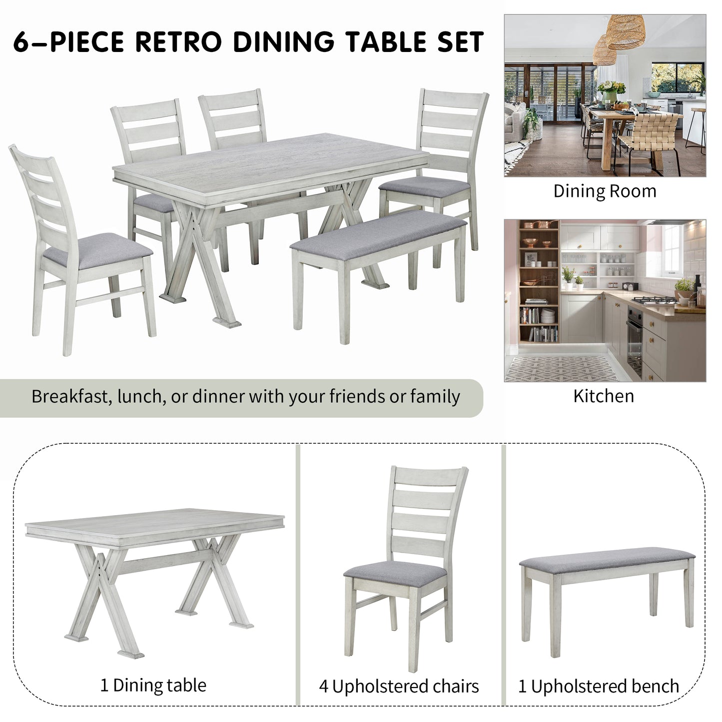 TREXM 6-Piece Retro 59"L Rectangular Dining Table Set, Table with Unique Legs and 4 Upholstered Chairs & 1 Bench for Dining Room and Kitchen (White)