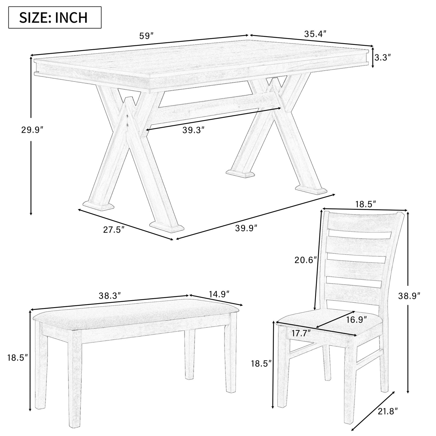 TREXM 6-Piece Retro 59"L Rectangular Dining Table Set, Table with Unique Legs and 4 Upholstered Chairs & 1 Bench for Dining Room and Kitchen (White)