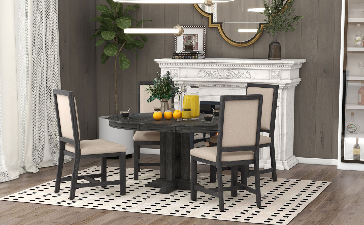 TREXM 5-Piece Dining Set Extendable Round Table and 4 Upholstered Chairs Farmhouse Dining Set for Kitchen, Dining Room(Black)