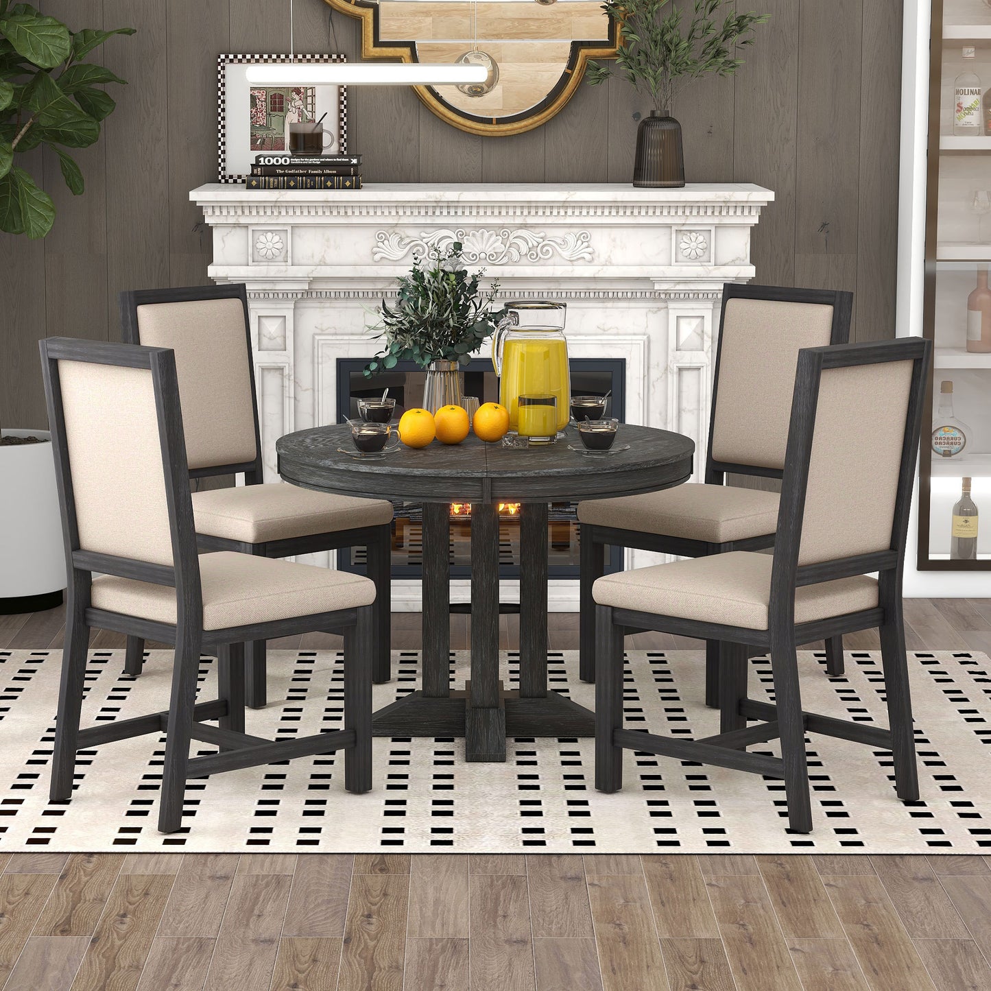 TREXM 5-Piece Dining Set Extendable Round Table and 4 Upholstered Chairs Farmhouse Dining Set for Kitchen, Dining Room(Black)