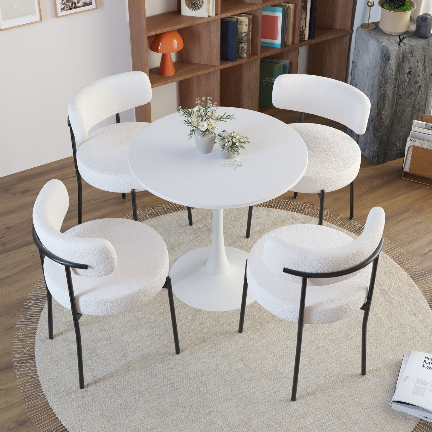 5 Pieces 31.5-Inch round dining table set for 4 and 4 pieces Upholstered Chairs for Four Person, MDF Table-top, Off White Faux Fur with White table Leg for Kitchen, Reception Room