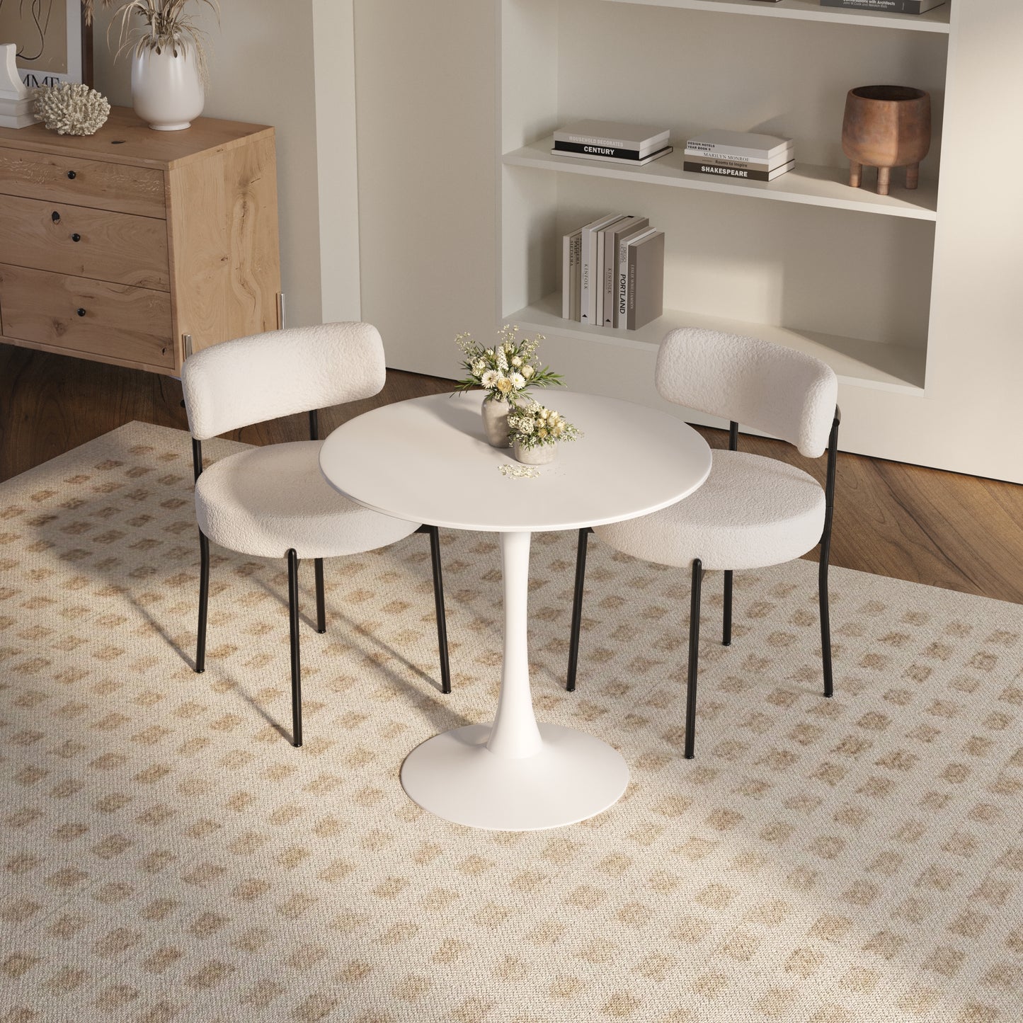 3 Pieces 31.5-Inch round dining table set for 2 and 2 pieces Upholstered Chairs for Four Person, MDF Table-top, Off White Faux Fur with White table Leg for Kitchen, Reception Room