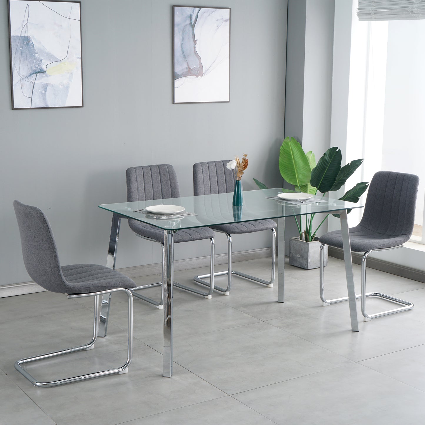 51.1" Table and chair set, one table and four chairs. Clear tempered glass table top, 0.3" thick, silver metal legs. fabric chair with electroplated metal legs.