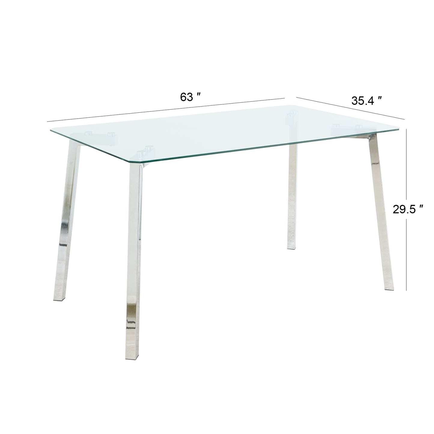 51.1" Table and chair set, one table and four chairs. Clear tempered glass table top, 0.3" thick, silver metal legs. fabric chair with electroplated metal legs.