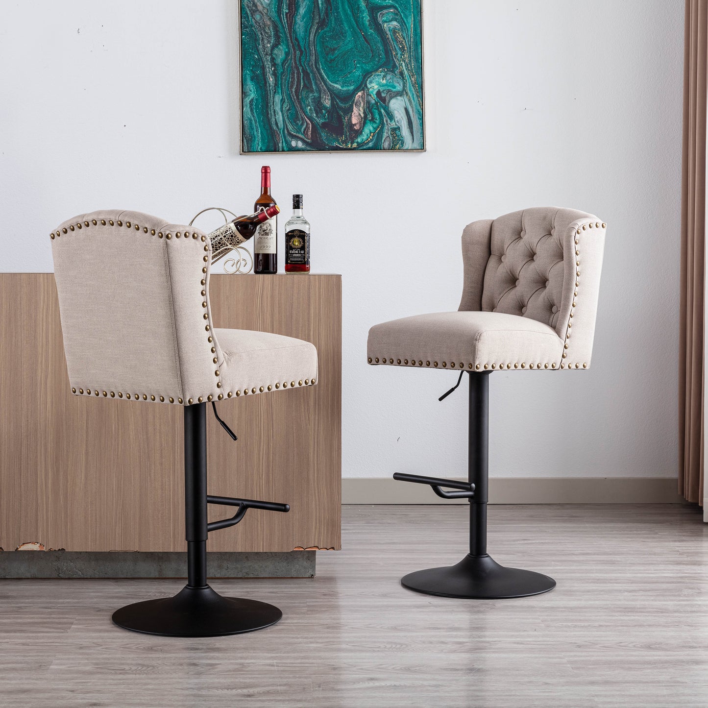 Swivel Bar Stools Chair Set of 2 Modern Adjustable Counter Height Bar Stools, Linen Upholstered Stool with Tufted Wing Back for Kitchen , Black Metal Base, Cream