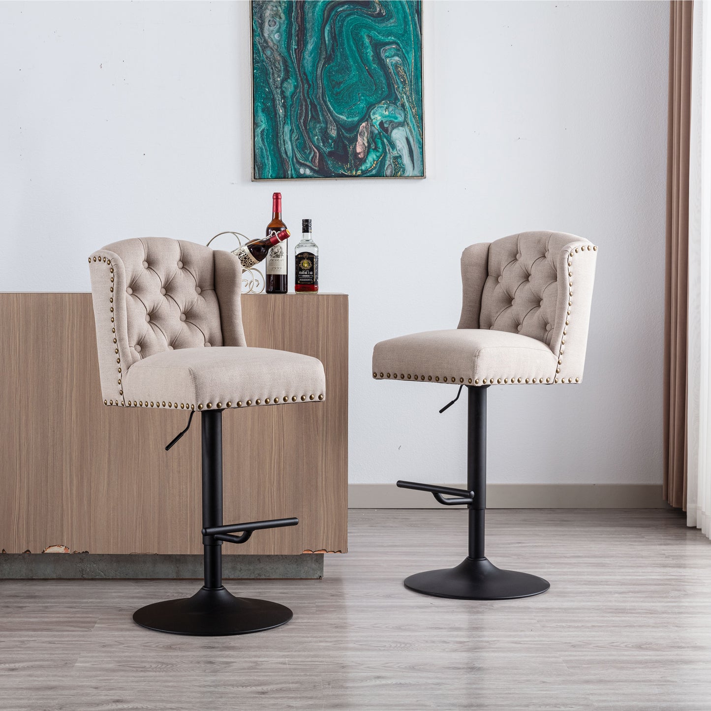 Swivel Bar Stools Chair Set of 2 Modern Adjustable Counter Height Bar Stools, Linen Upholstered Stool with Tufted Wing Back for Kitchen , Black Metal Base, Cream