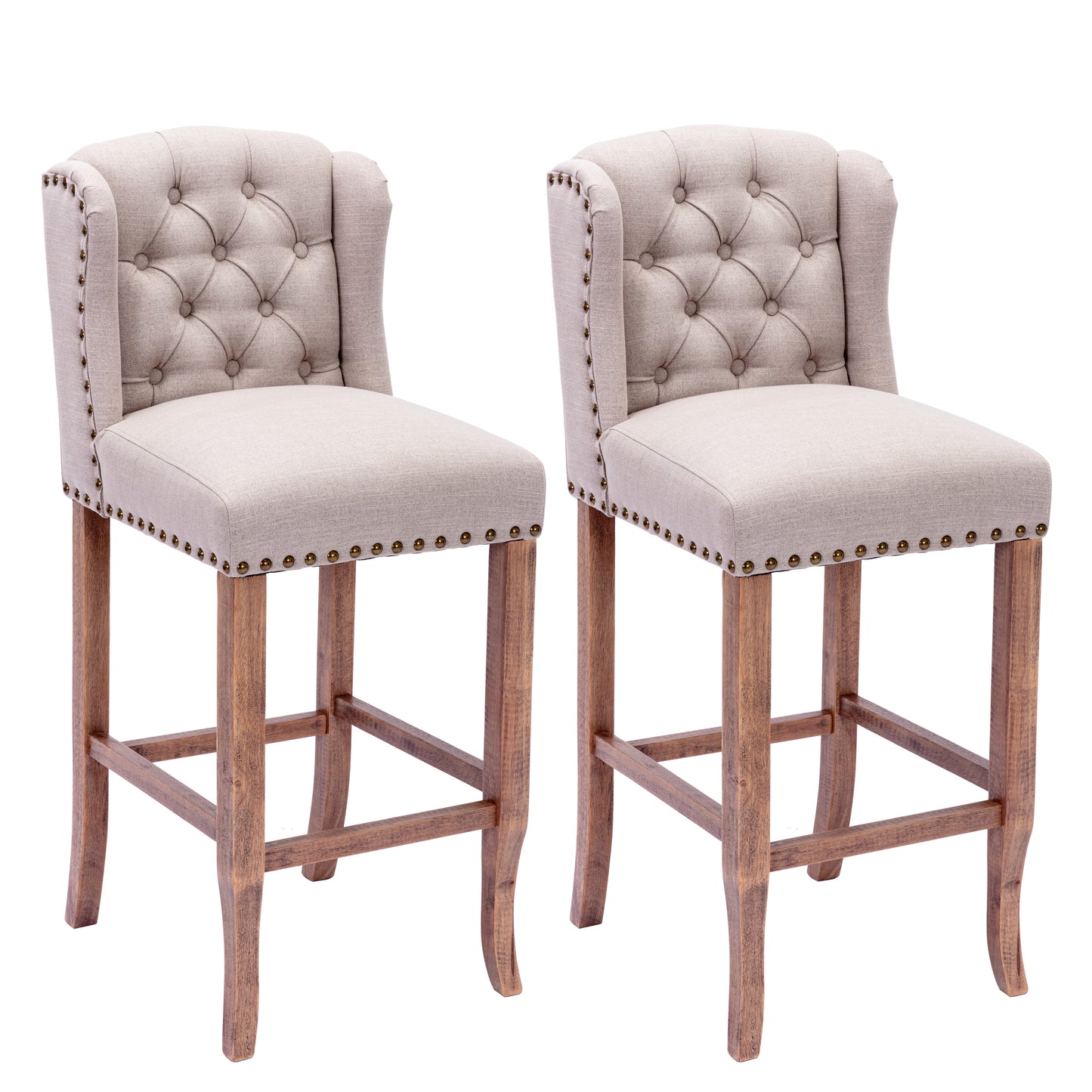 30 Inches Seat Height Bar Chairs Set of 2,Wing Back Farmhouse Nailhead Trim Upholstered Bar stools with Tufted Upholstered ,Cream