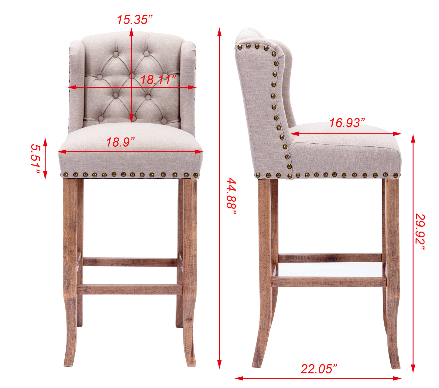 30 Inches Seat Height Bar Chairs Set of 2,Wing Back Farmhouse Nailhead Trim Upholstered Bar stools with Tufted Upholstered ,Cream