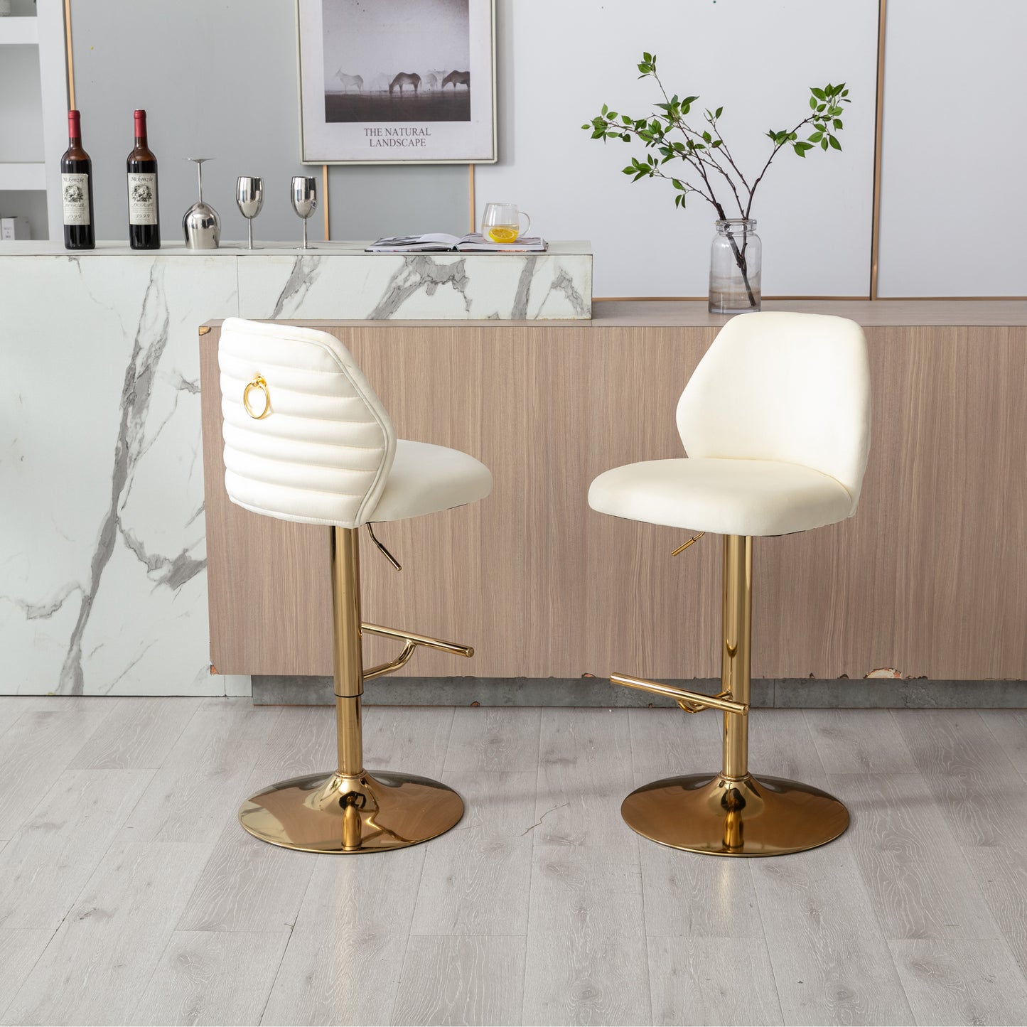 Swivel Bar Stools Chair Set of 2 Modern Adjustable Counter Height Bar Stools, Velvet Upholstered Stool with Tufted High Back & Ring Pull for Kitchen , Chrome Golden Base,Cream