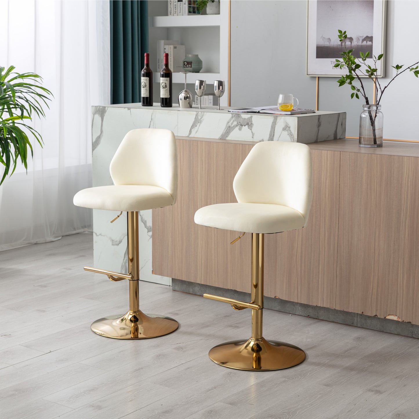 Swivel Bar Stools Chair Set of 2 Modern Adjustable Counter Height Bar Stools, Velvet Upholstered Stool with Tufted High Back & Ring Pull for Kitchen , Chrome Golden Base,Cream