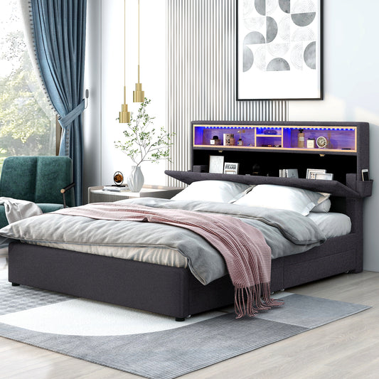 Queen Size Upholstered Platform Bed with Storage Headboard, LED, USB Charging and 2 Drawers, Dark Gray