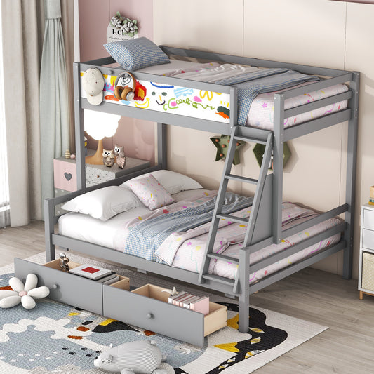 Grey Wood Twin over Full Bunk Bed with Whiteboard, 3 Hooks, and 2 Drawers - Innovative Storage Solution Twin over Full Bunk Bed