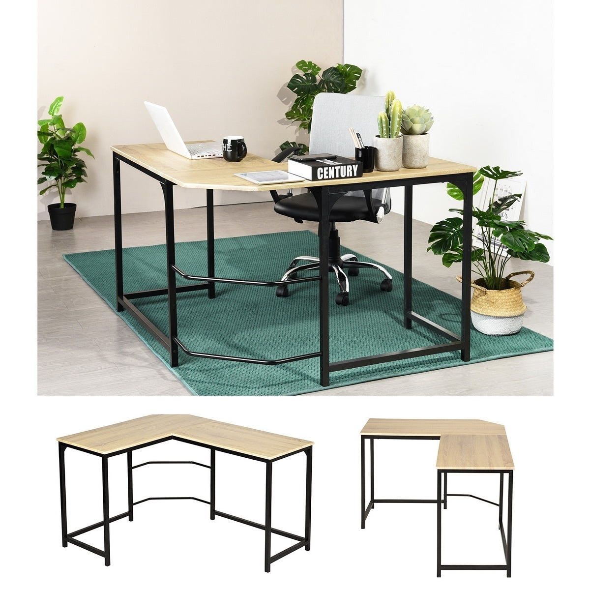 Modern & Stylish L-Shaped Wooden Desk with Sleek Black Metal Frame