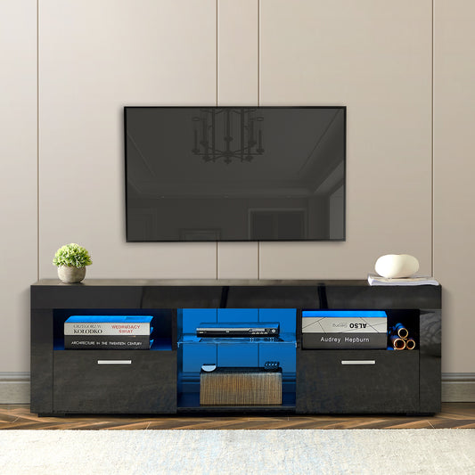 Modern Black TV Stand with LED Lights and High Gloss Front Cabinet - Versatile Assembly for Any Room - Black Color