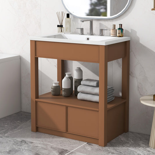 30" Bathroom Vanity with Sink Top, Bathroom Cabinet with Open Storage Shelf and Two Drawers, Brown