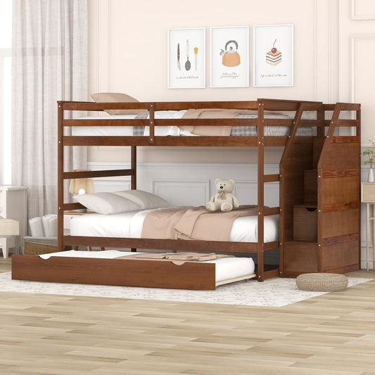 Elegant Full-Over-Full Bunk Bed with Trundle, Storage Stairs, and Walnut Finish